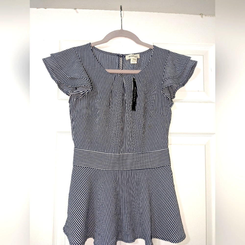 MONTEAU LOS ANGELES navy blue & white pinstripe peplum blouse